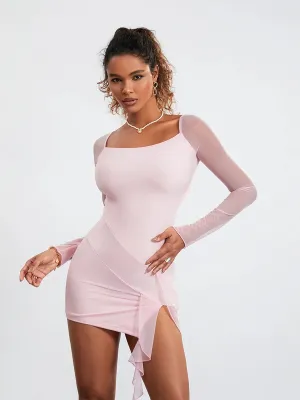 Mesh Long Sleeve Basics Solid Ruffled Tassels Backless Beach Cocktail Club Streetwear Casual Women Dress