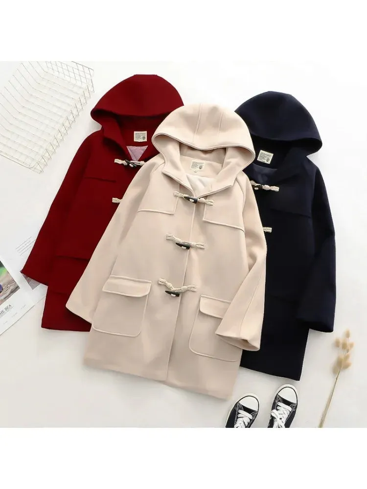 Metaversmall Solid Women Long Wool Blends Winter Loose Warm Coat Hooded  s Office Work Wear Horn Button Legant