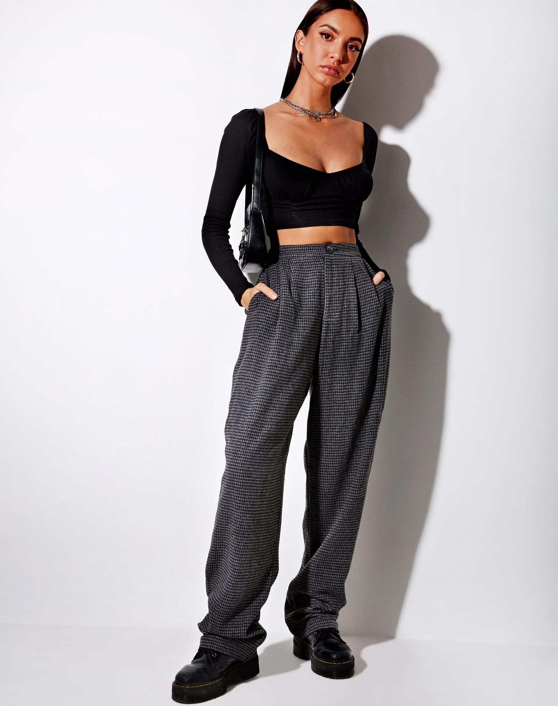 Misha Wide Leg Trouser in Houndstooth Black and Grey