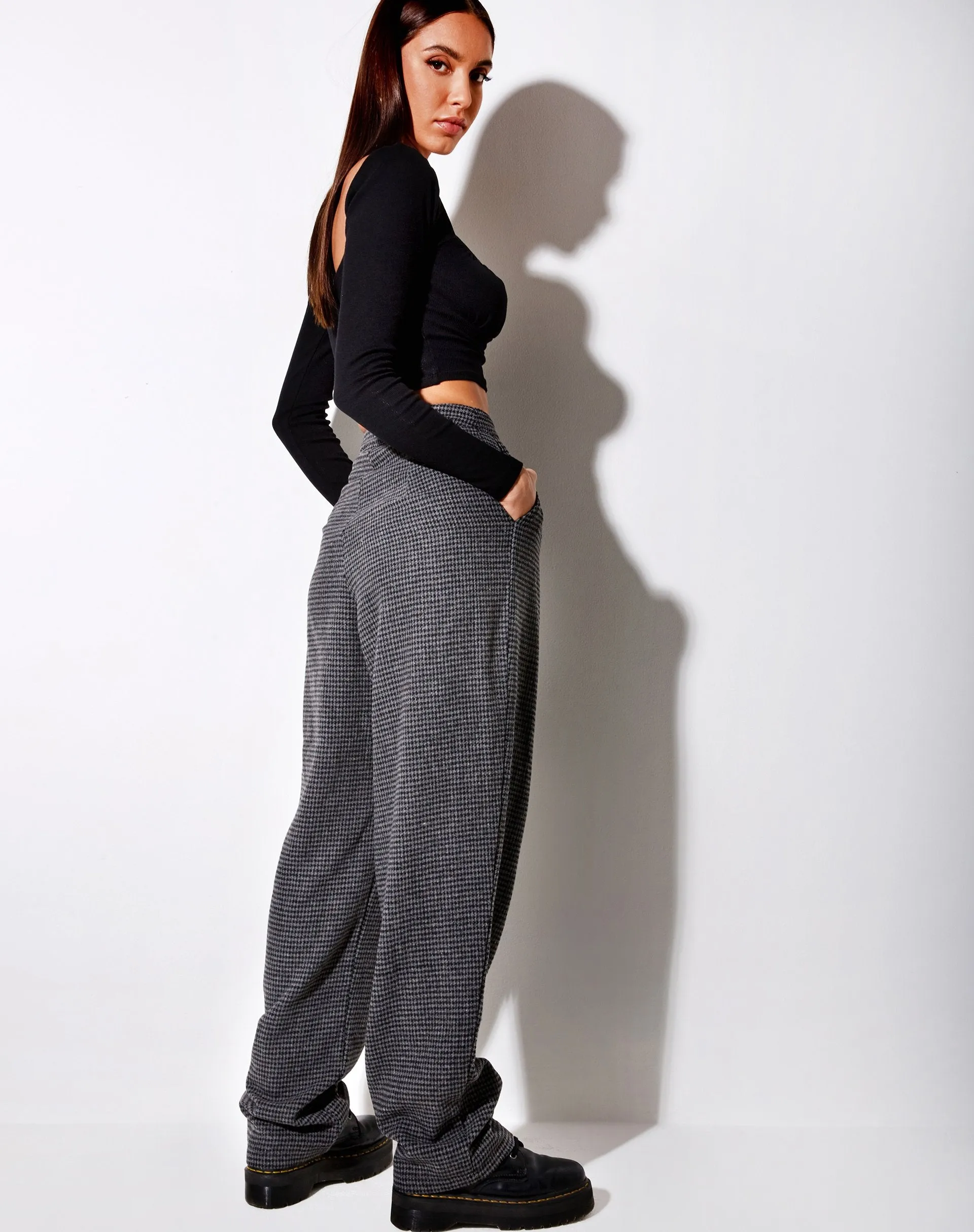 Misha Wide Leg Trouser in Houndstooth Black and Grey