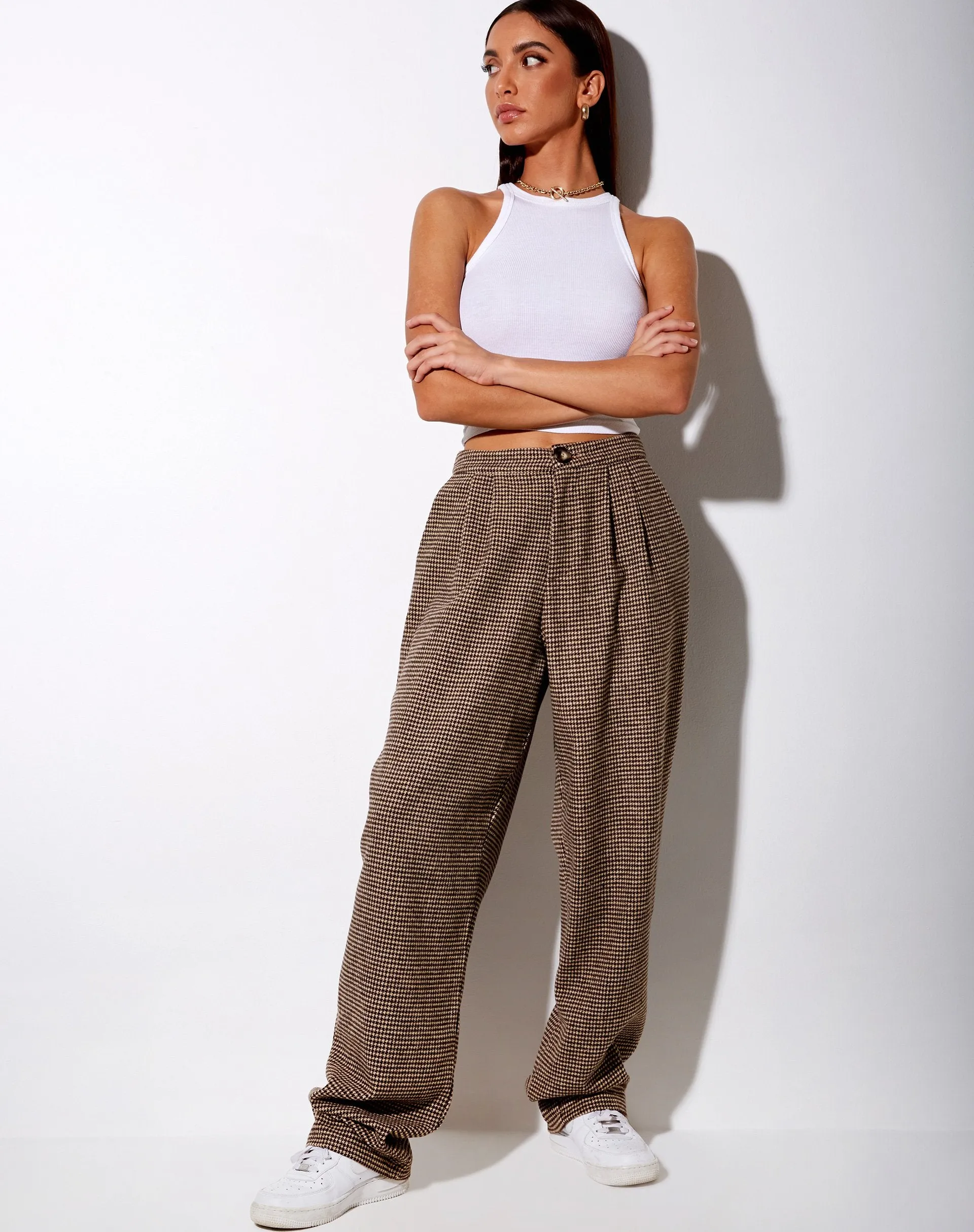 Misha Wide Leg Trouser in Houndstooth Brown