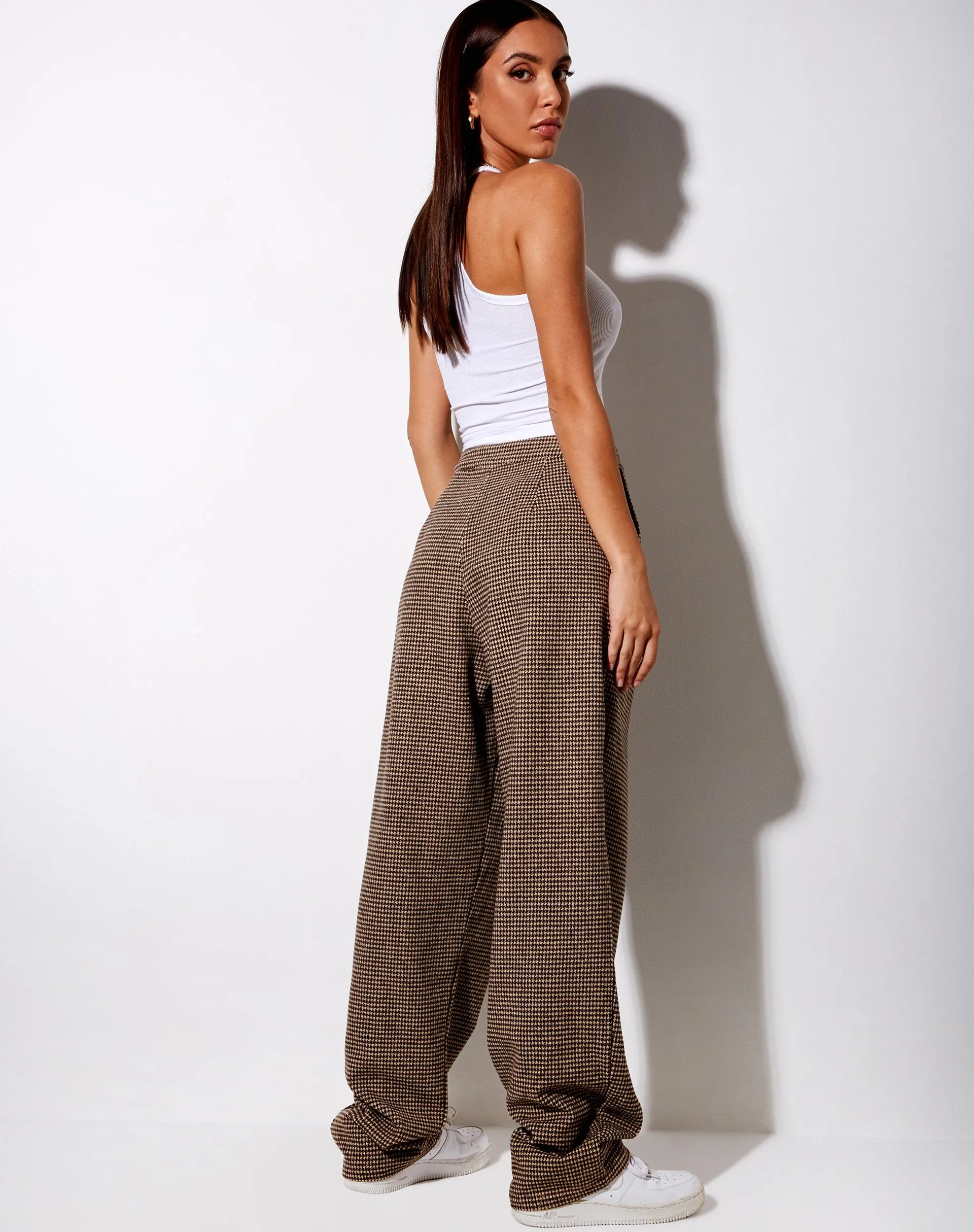 Misha Wide Leg Trouser in Houndstooth Brown