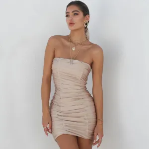 Modern Chic Strapless Ruched Bodycon Party Mini Dress - Khaki