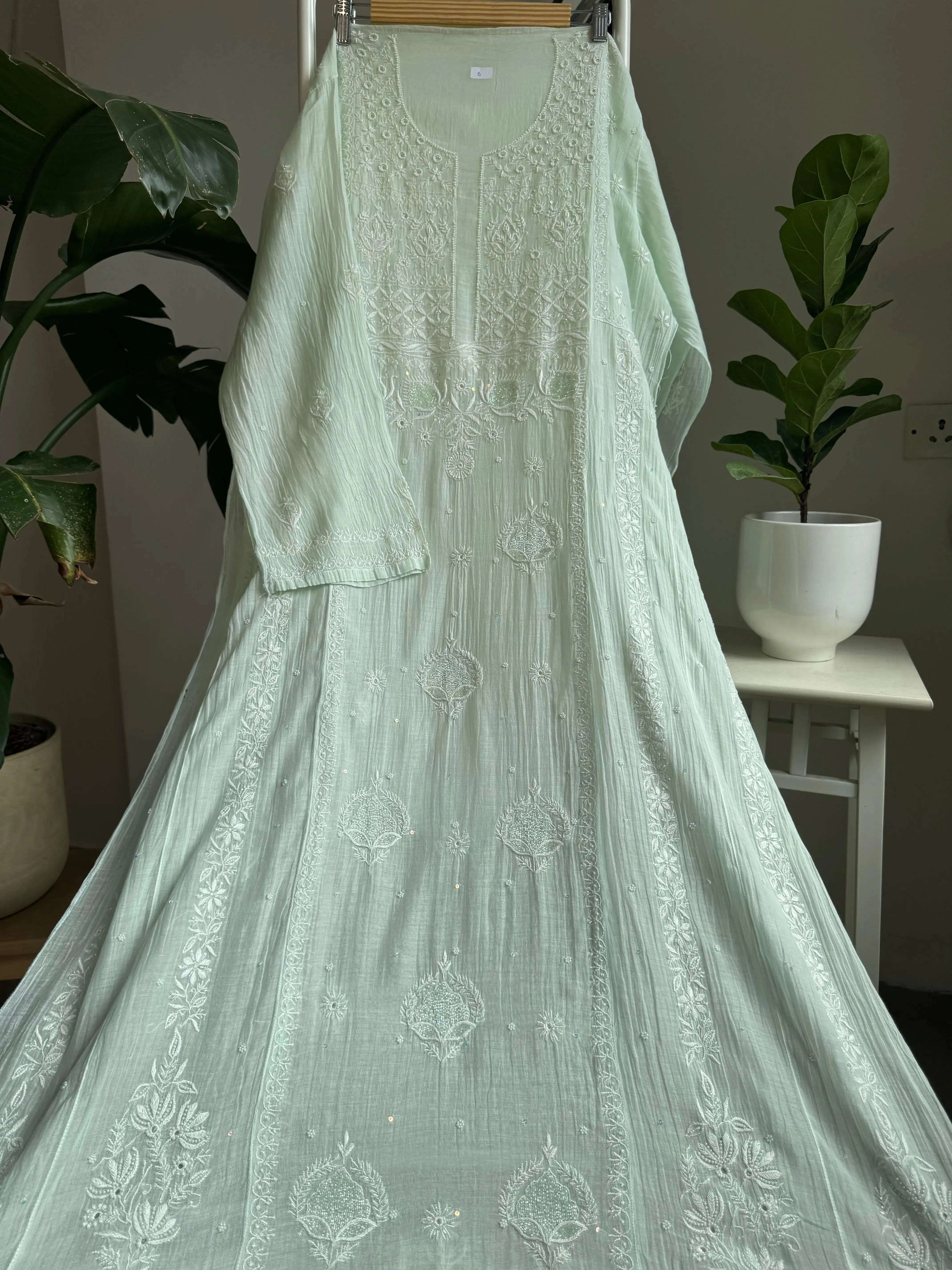 Mul Chanderi Chikankari Anarkali - Pista Green