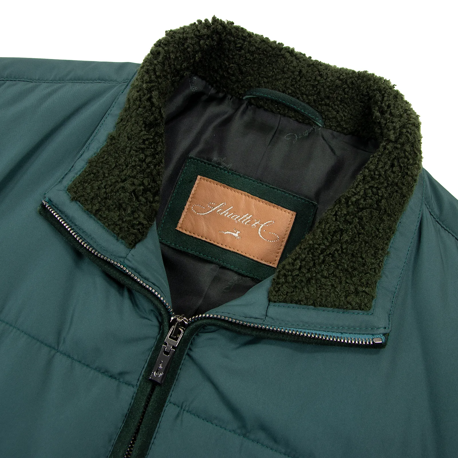 NWT Schiatti Green Microfiber Suede Trim Shearling Collar Puffer Bomber Jacket