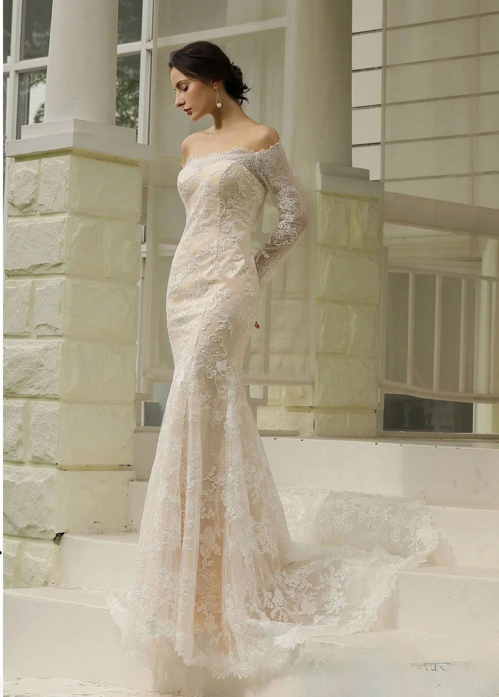 Off-the-Shoulder Sheath Wedding Dress with Luxury Illusion Lace