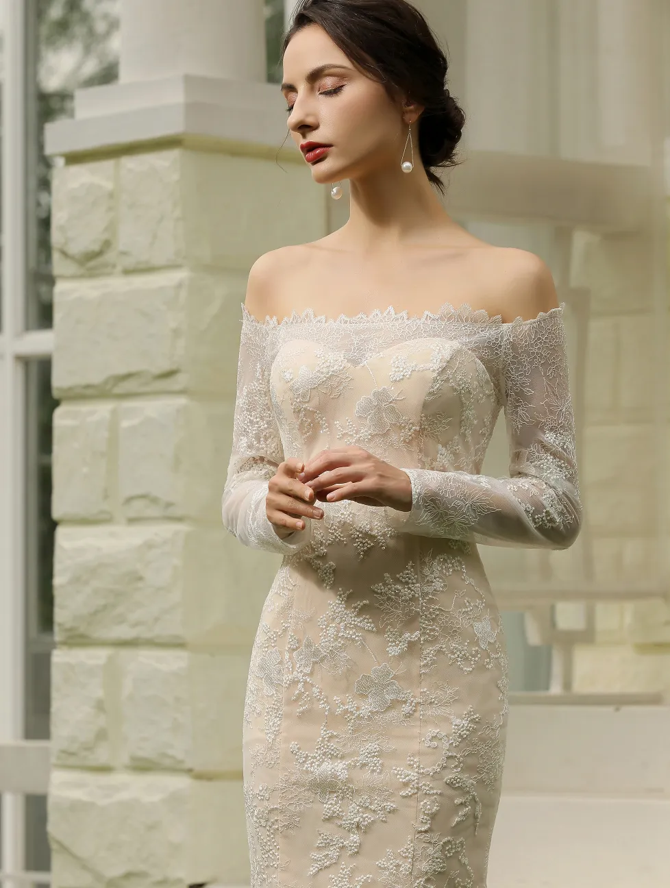 Off-the-Shoulder Sheath Wedding Dress with Luxury Illusion Lace