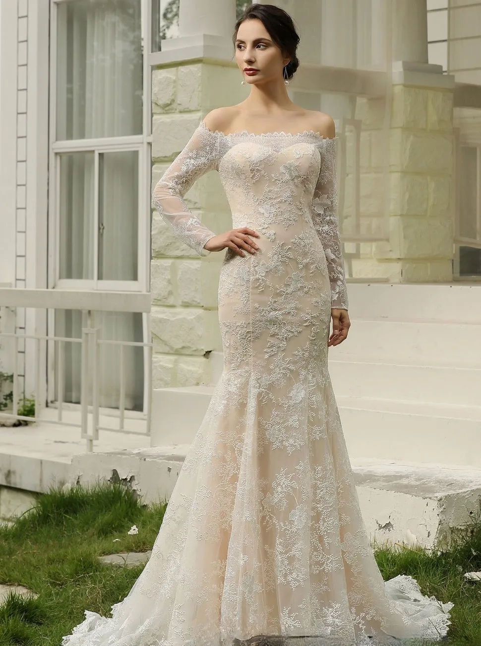 Off-the-Shoulder Sheath Wedding Dress with Luxury Illusion Lace