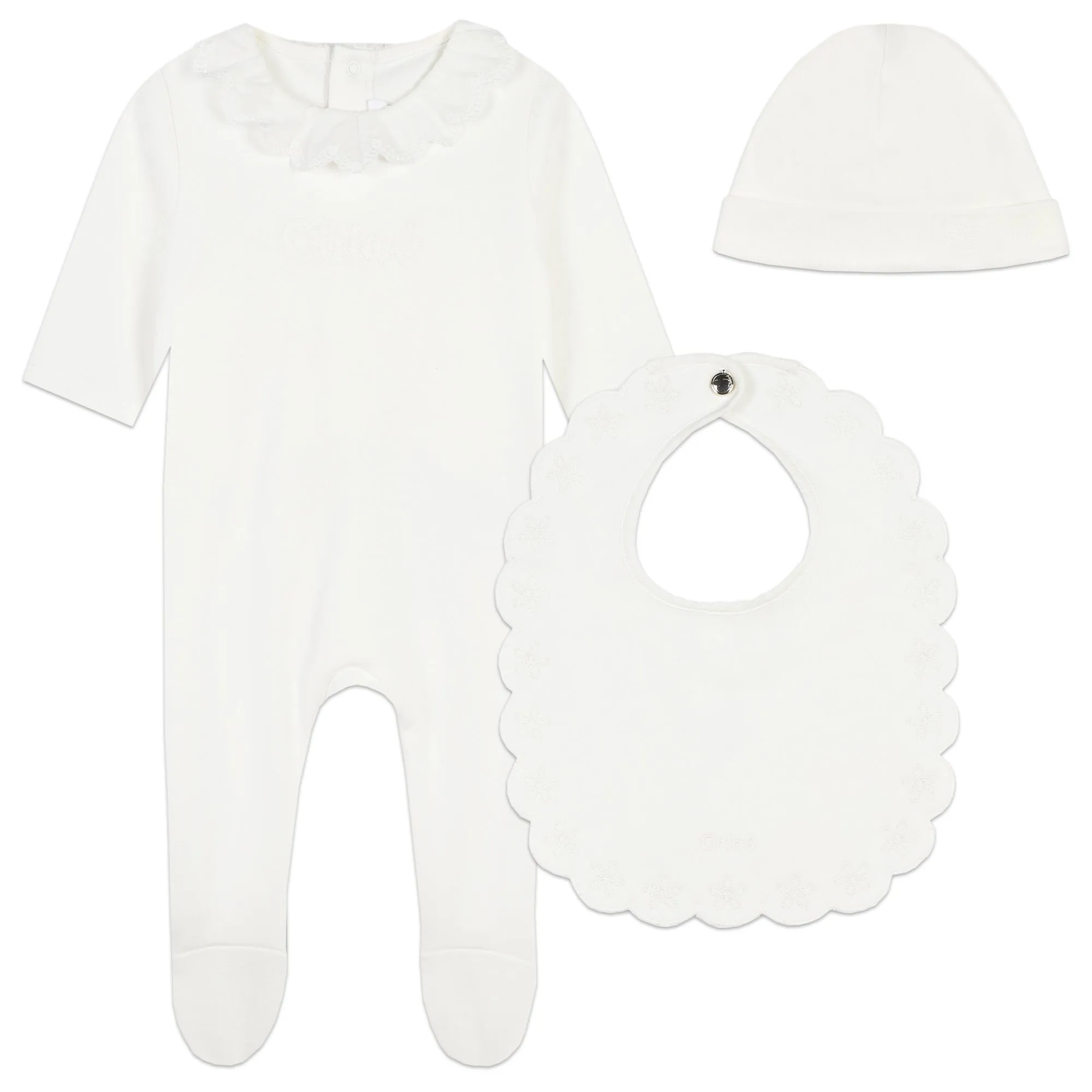 Off White Footie   Bib and Hat Set