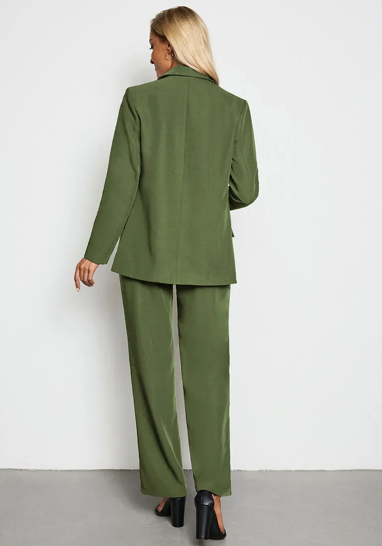 Olive Green Women's Business Casual 2 Piece Blazer Jacket Straight Leg High Waisted Pants Suits