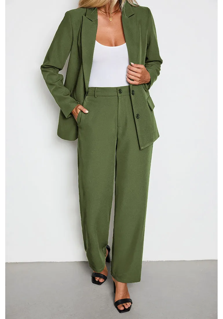 Olive Green Women's Business Casual 2 Piece Blazer Jacket Straight Leg High Waisted Pants Suits