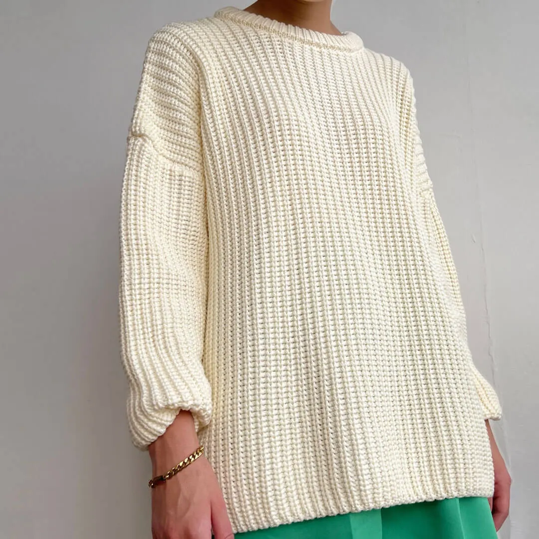 Oversized Ribbed Candy Color Crewneck Pullover Sweater - Beige