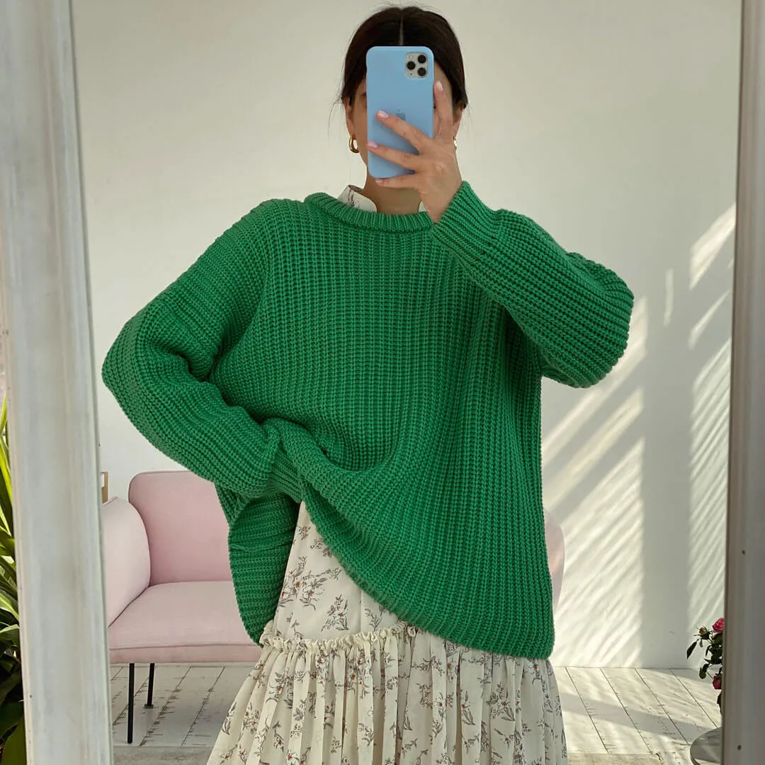 Oversized Ribbed Candy Color Crewneck Pullover Sweater - Green