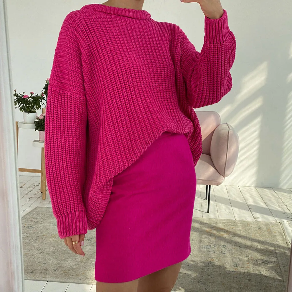 Oversized Ribbed Candy Color Crewneck Pullover Sweater - Rose