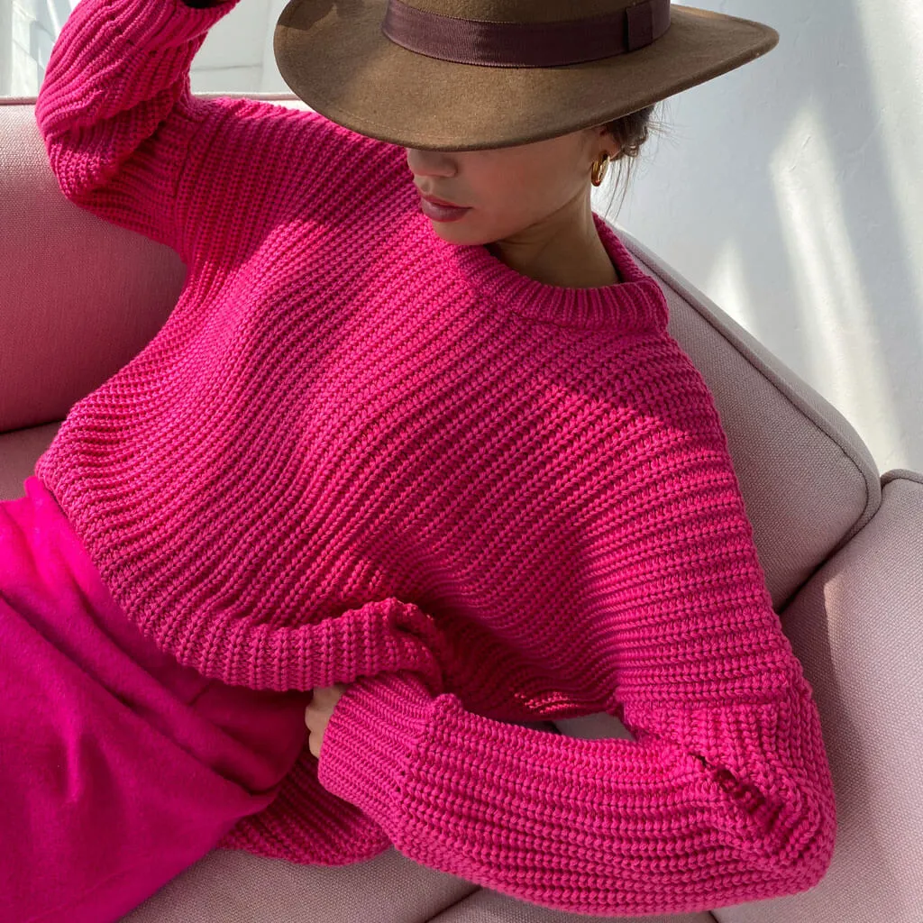 Oversized Ribbed Candy Color Crewneck Pullover Sweater - Rose