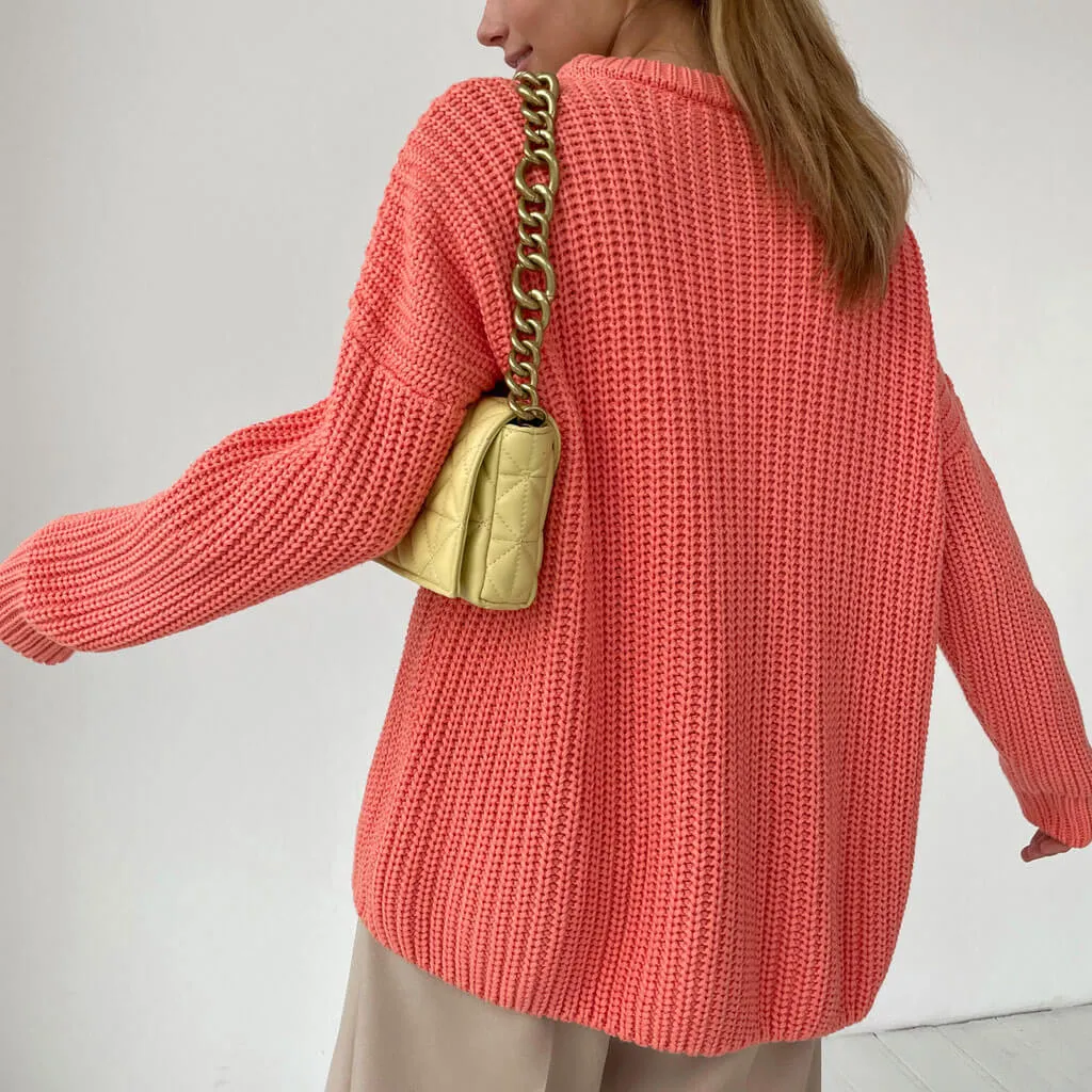 Oversized Ribbed Candy Color Crewneck Pullover Sweater - Rose