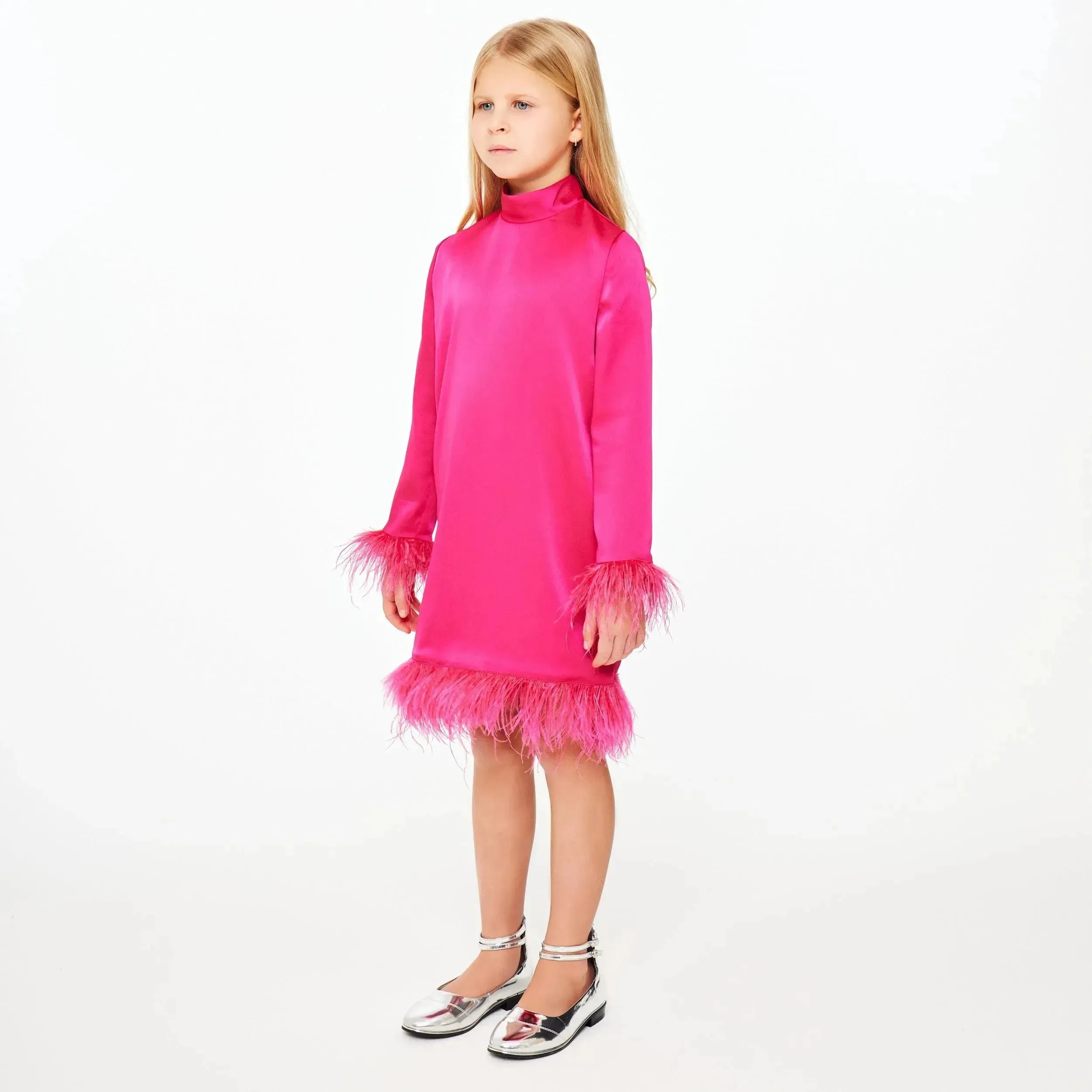 Pink Satin High Neck Feather Dress