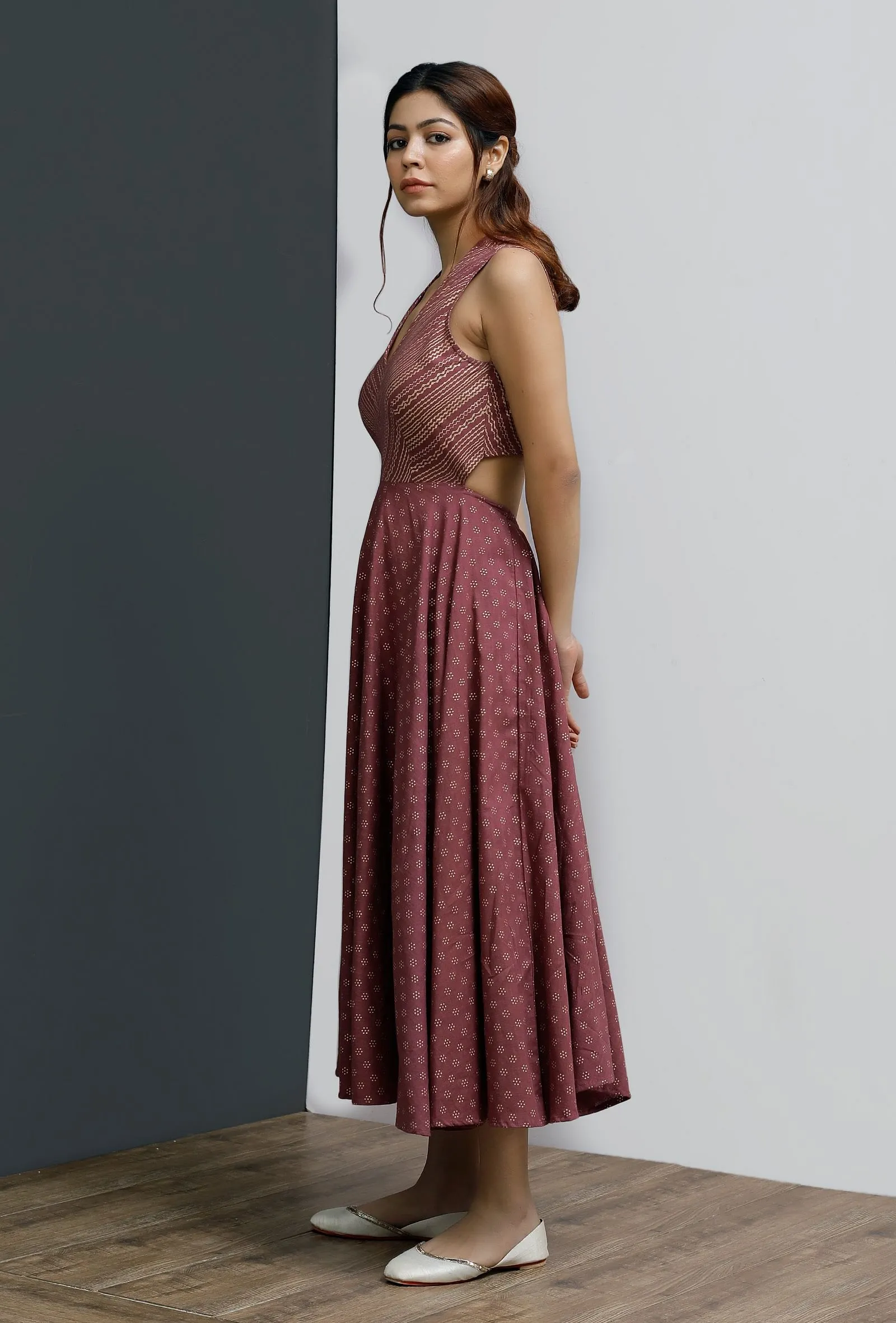 Plum Hand-Block A-Line Flared Dress