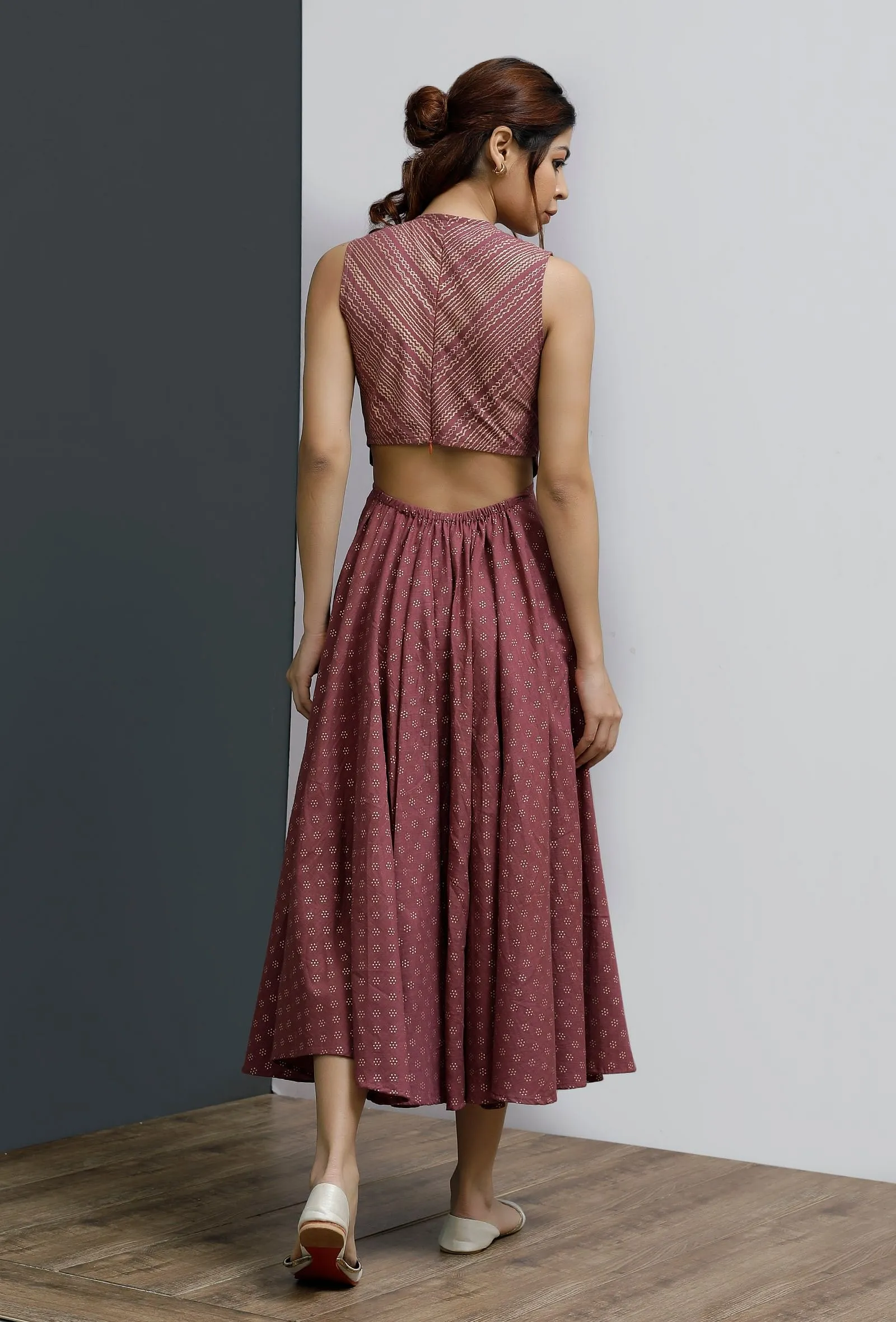 Plum Hand-Block A-Line Flared Dress