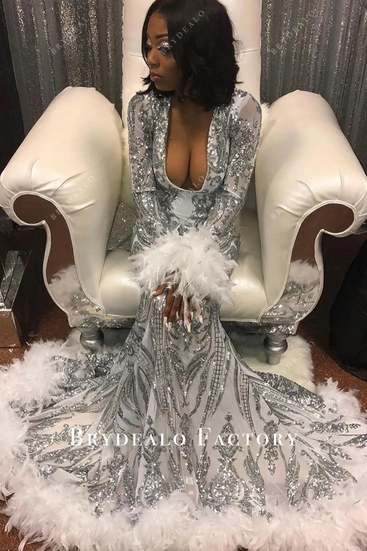 Plunging Silver Sequin White Feather Long Train Mermaid Prom Dress