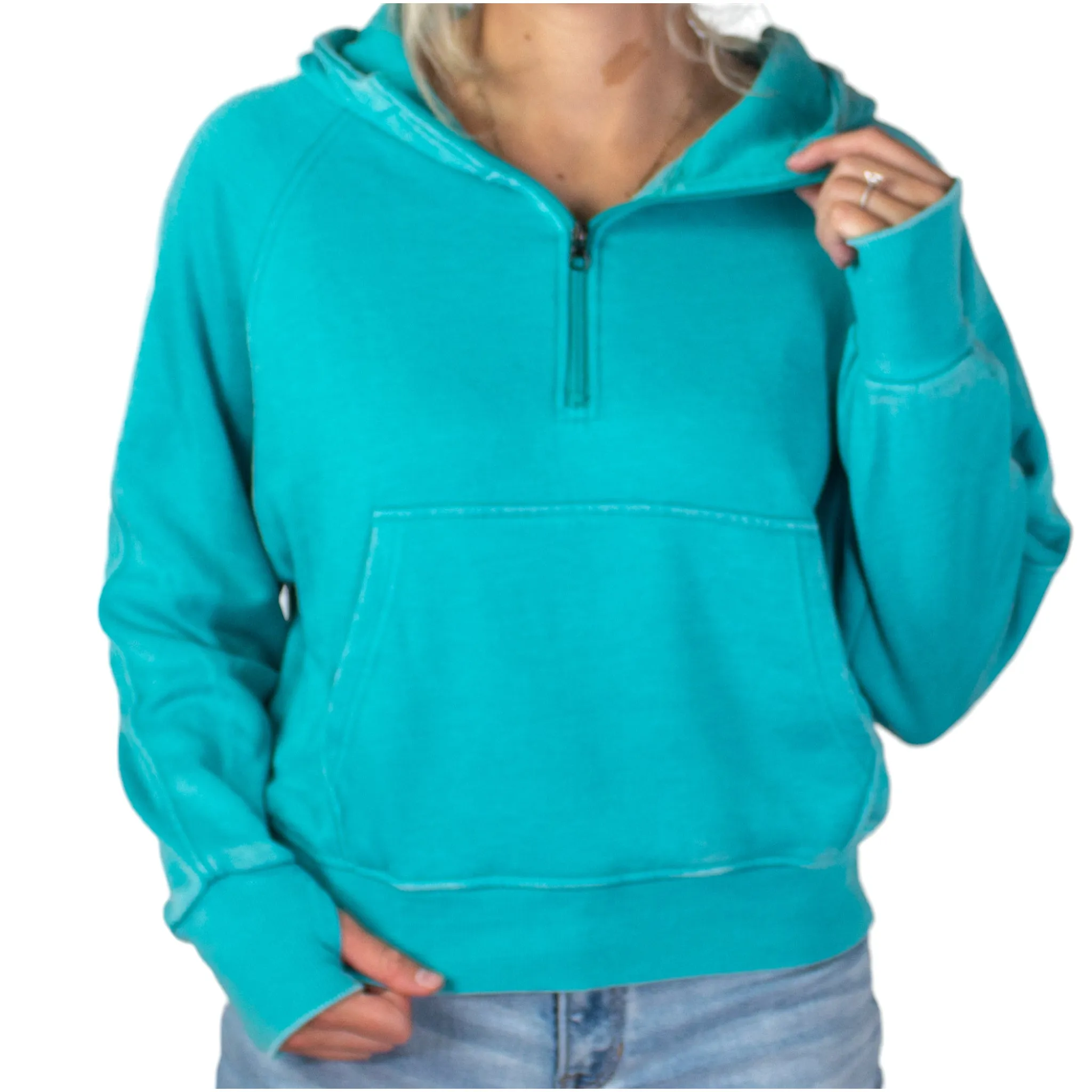 PO-7204 Half Zip Wash Hoodie Aqua Green