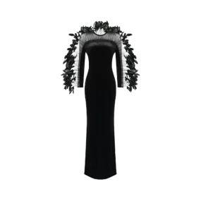 Pre Order:  Feather Long Sleeve Black Evening Dress