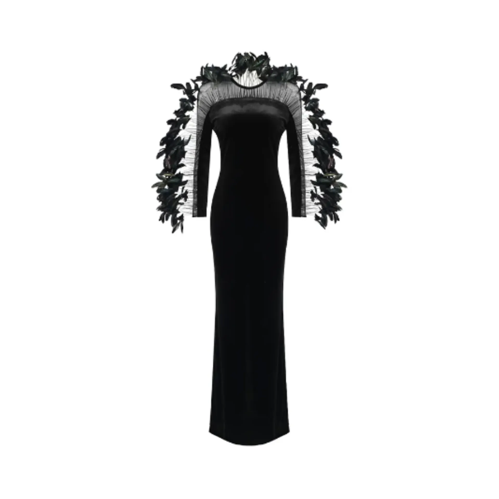 Pre Order:  Feather Long Sleeve Black Evening Dress