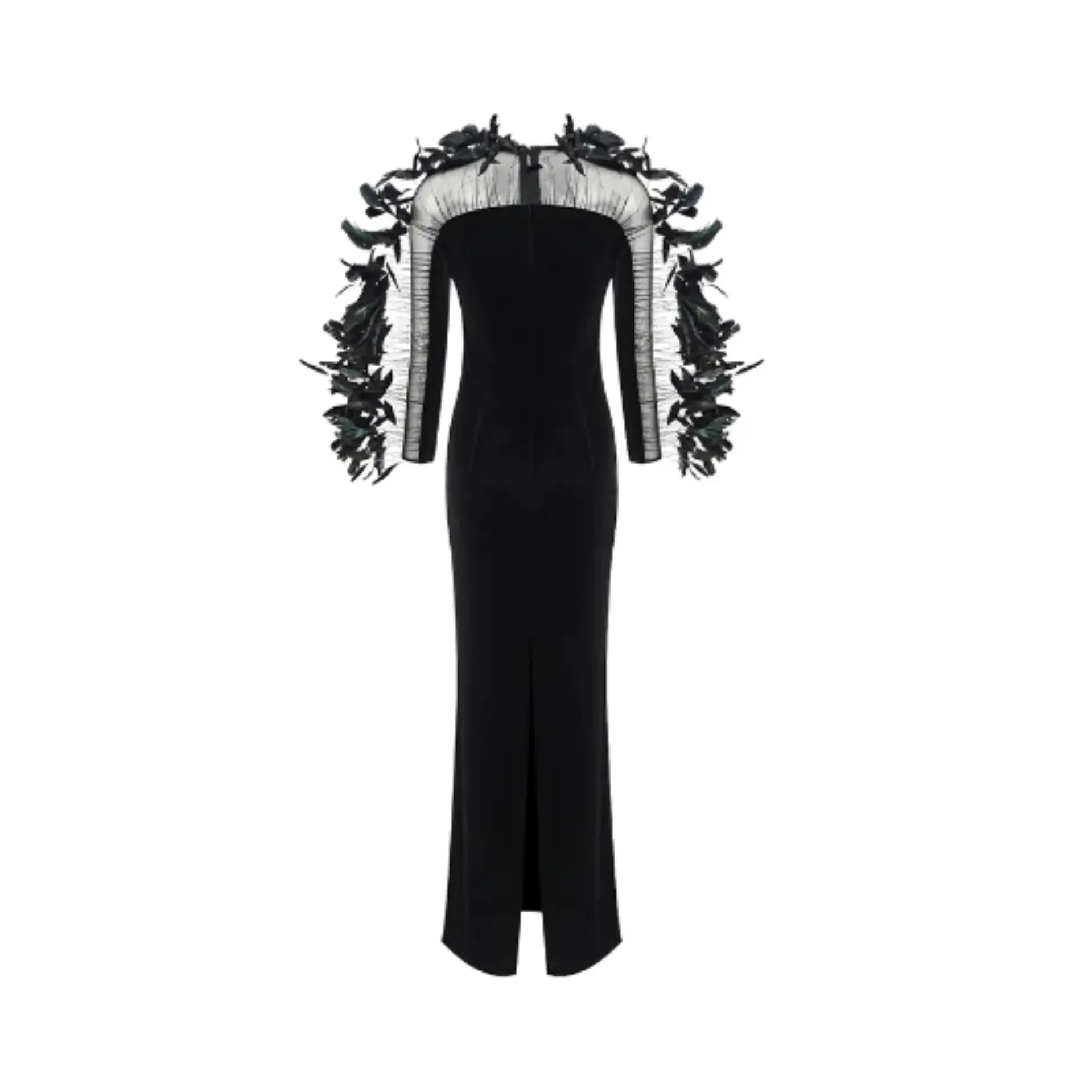 Pre Order:  Feather Long Sleeve Black Evening Dress