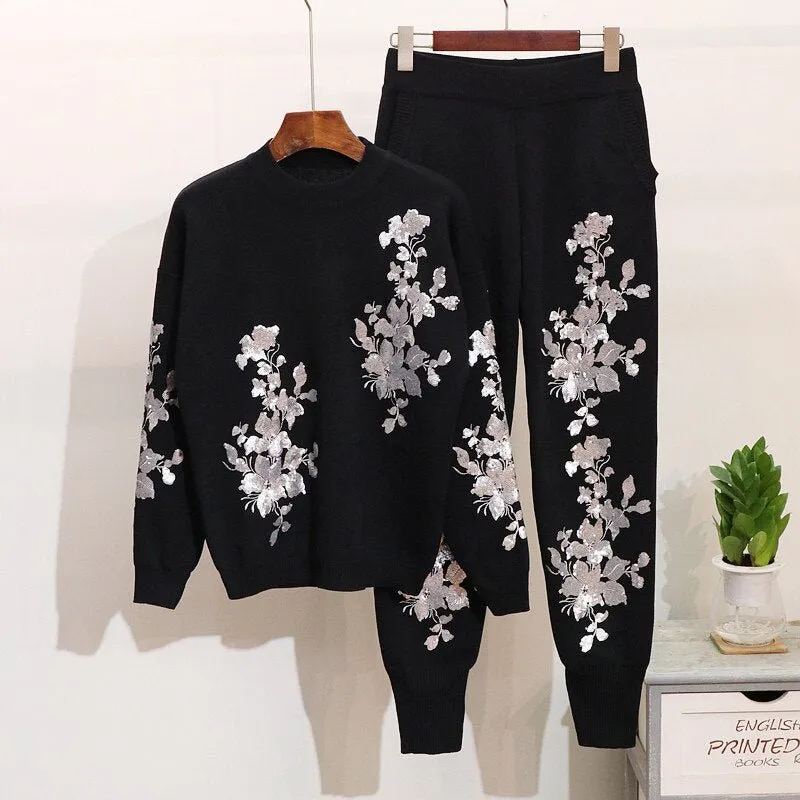 Pre Order:  Floral Sequins Top   Trouser Set