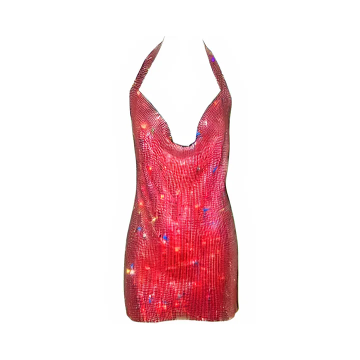 Pre Order:  Halter Neck Sexy Backless V Neck Rhinestone Mini Dress