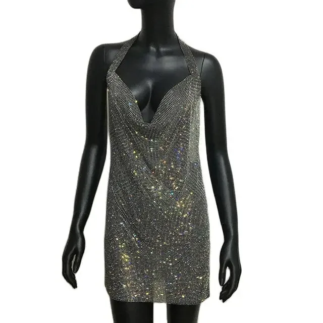 Pre Order:  Halter Neck Sexy Backless V Neck Rhinestone Mini Dress