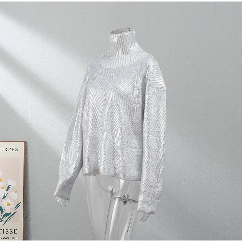 Pre Order:  Metallic Turtleneck Knitted Sweater