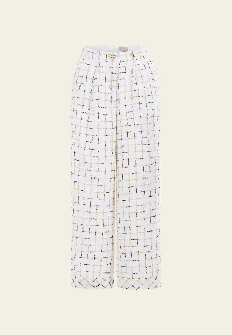 Prestige White Check Tweed Wide-legs Pants