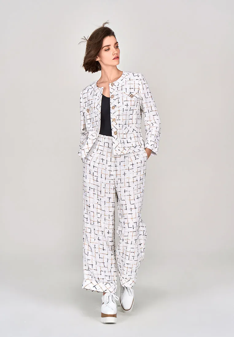 Prestige White Check Tweed Wide-legs Pants