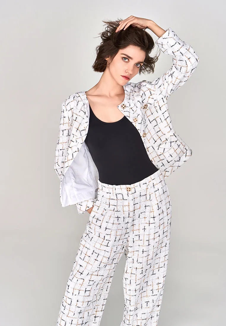 Prestige White Check Tweed Wide-legs Pants