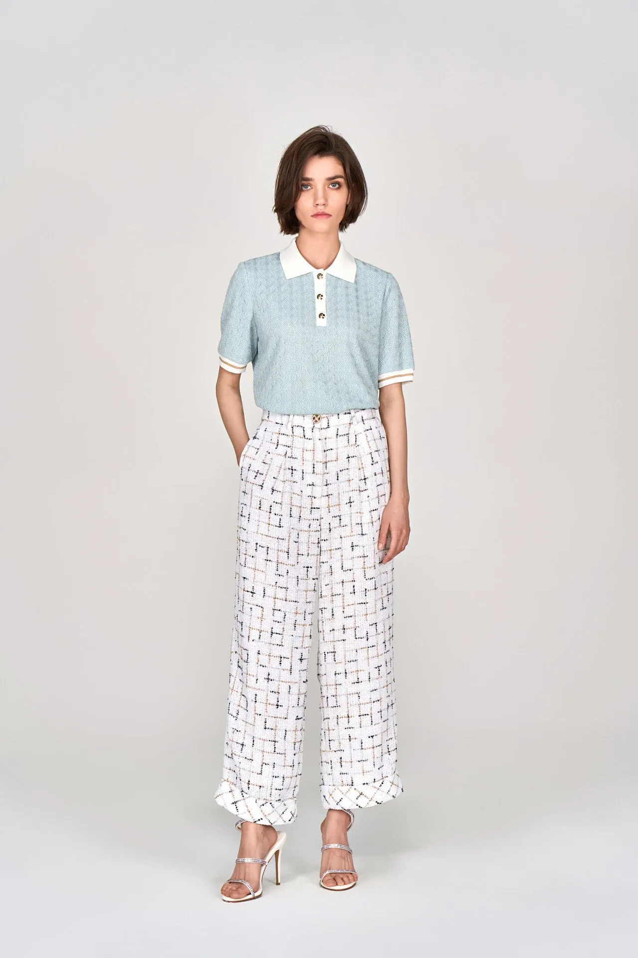 Prestige White Check Tweed Wide-legs Pants