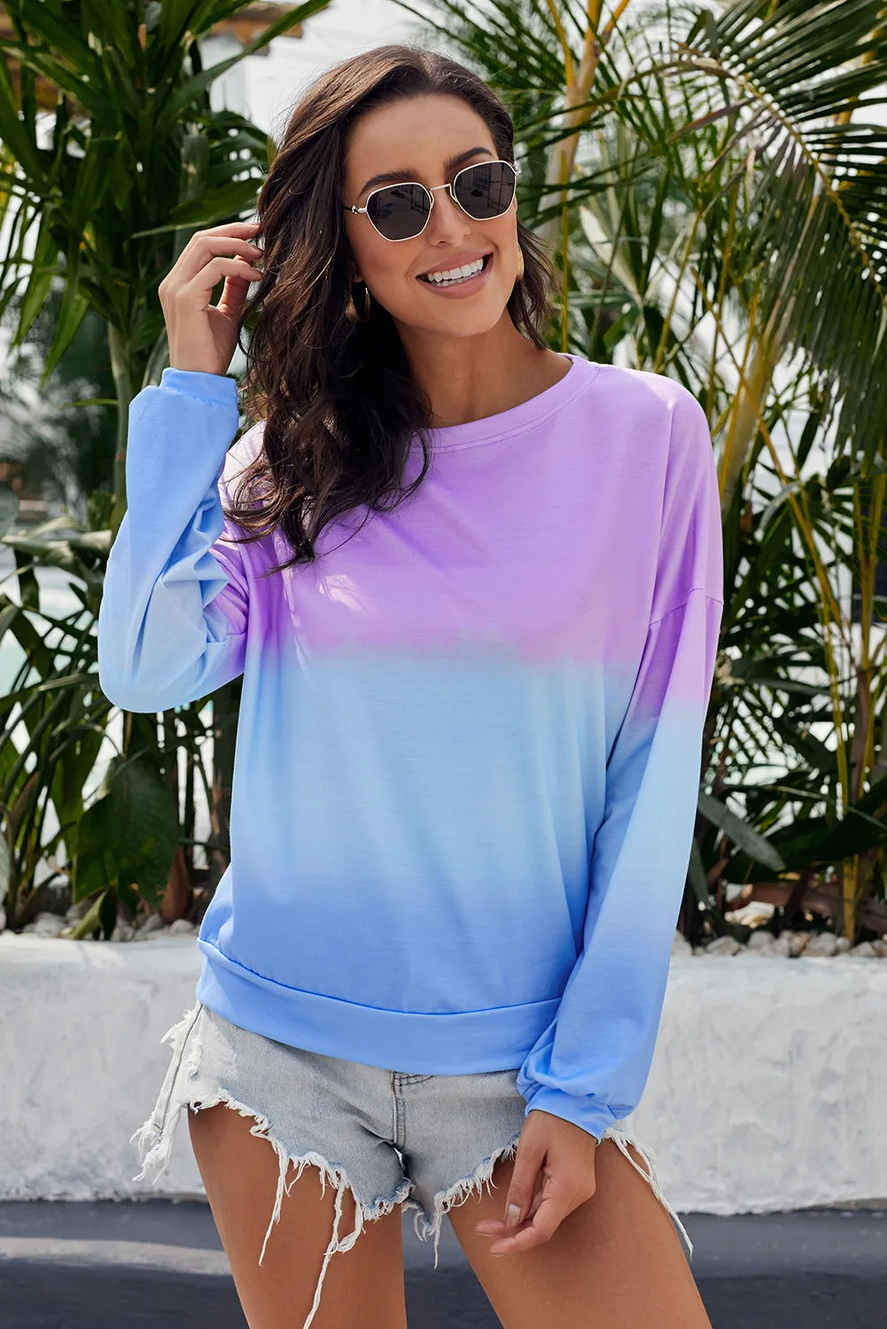 Purple Blue Color Block Tie Dye Pullover Sweatshirt