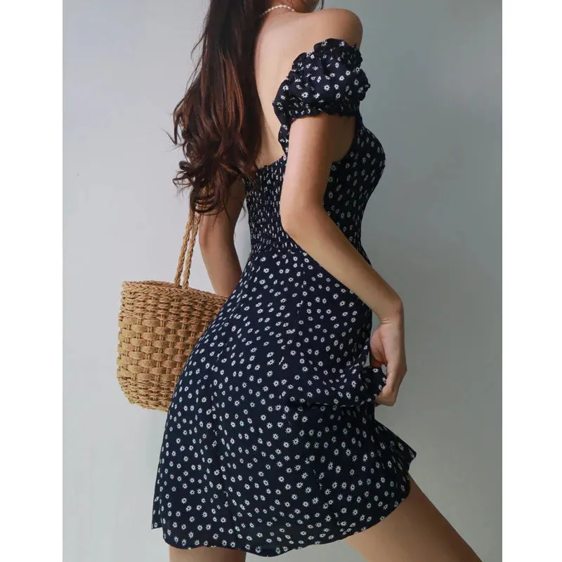 Retro Neck Floral Women's Fashion Square Sexy Puff Casual Sleeve Summer Slim Fit Print Dress Dress