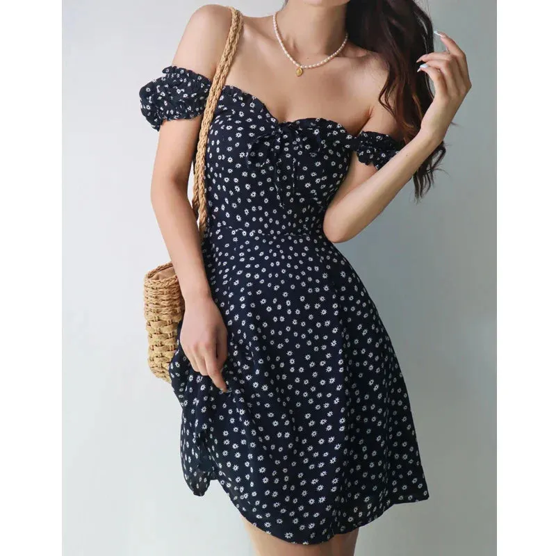 Retro Neck Floral Women's Fashion Square Sexy Puff Casual Sleeve Summer Slim Fit Print Dress Dress