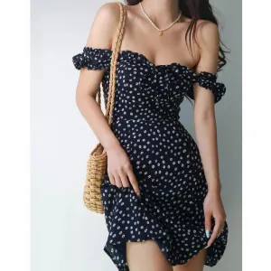 Retro Neck Floral Women's Fashion Square Sexy Puff Casual Sleeve Summer Slim Fit Print Dress Dress