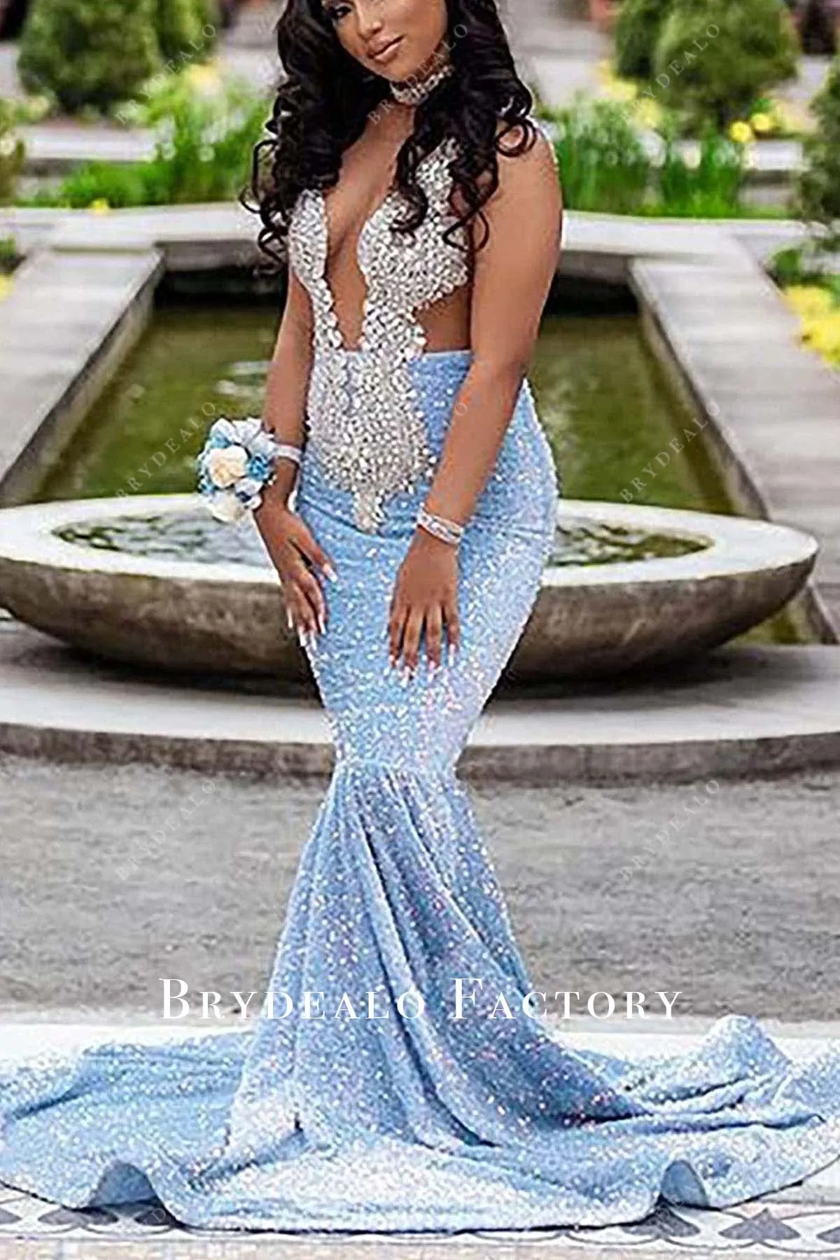 Rhinestones Choker Neck Cutout Back Blue Prom Dress