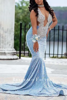 Rhinestones Choker Neck Cutout Back Blue Prom Dress