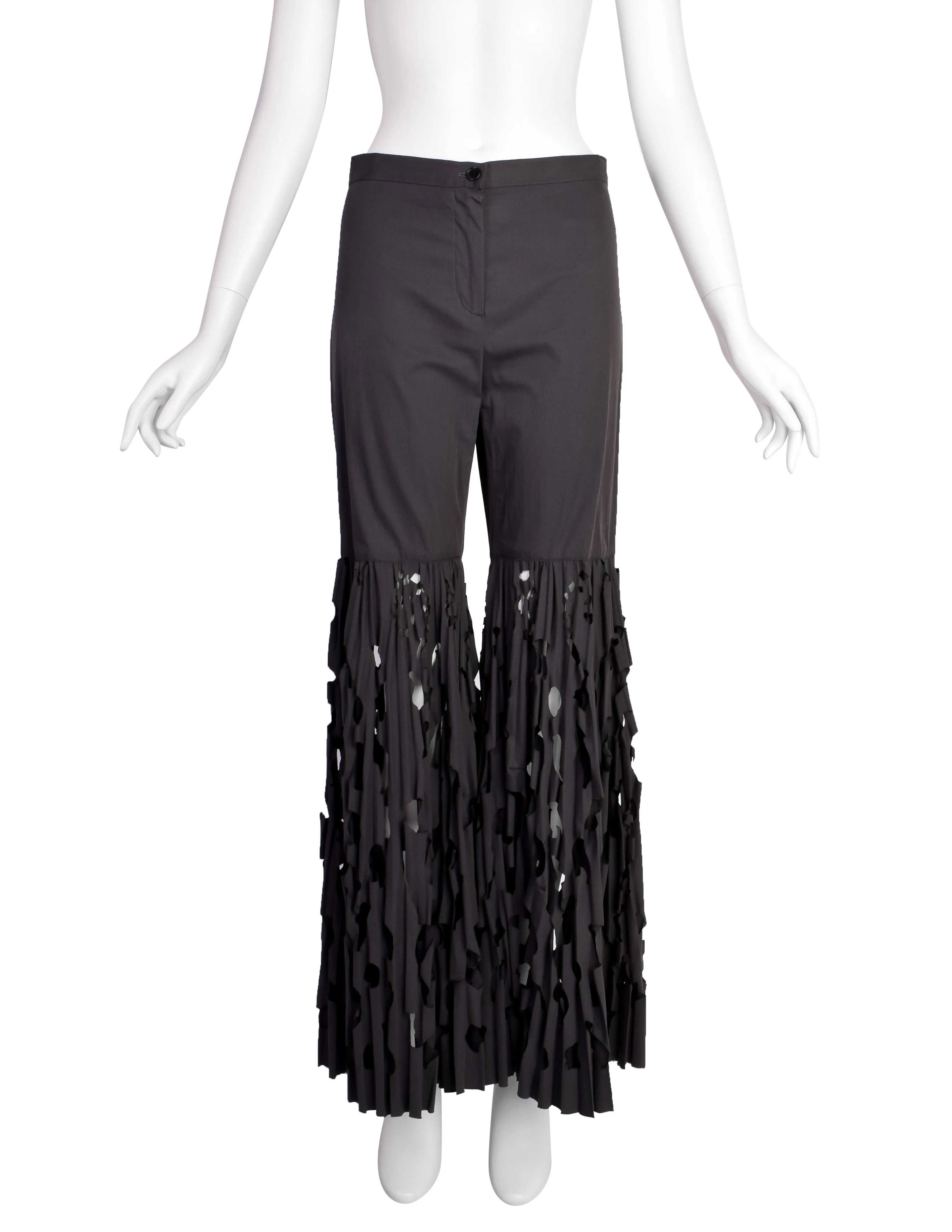 Romeo Gigli Vintage Charcoal Grey Incredible Wide Pleated Laser Cut Bell Bottom Pants