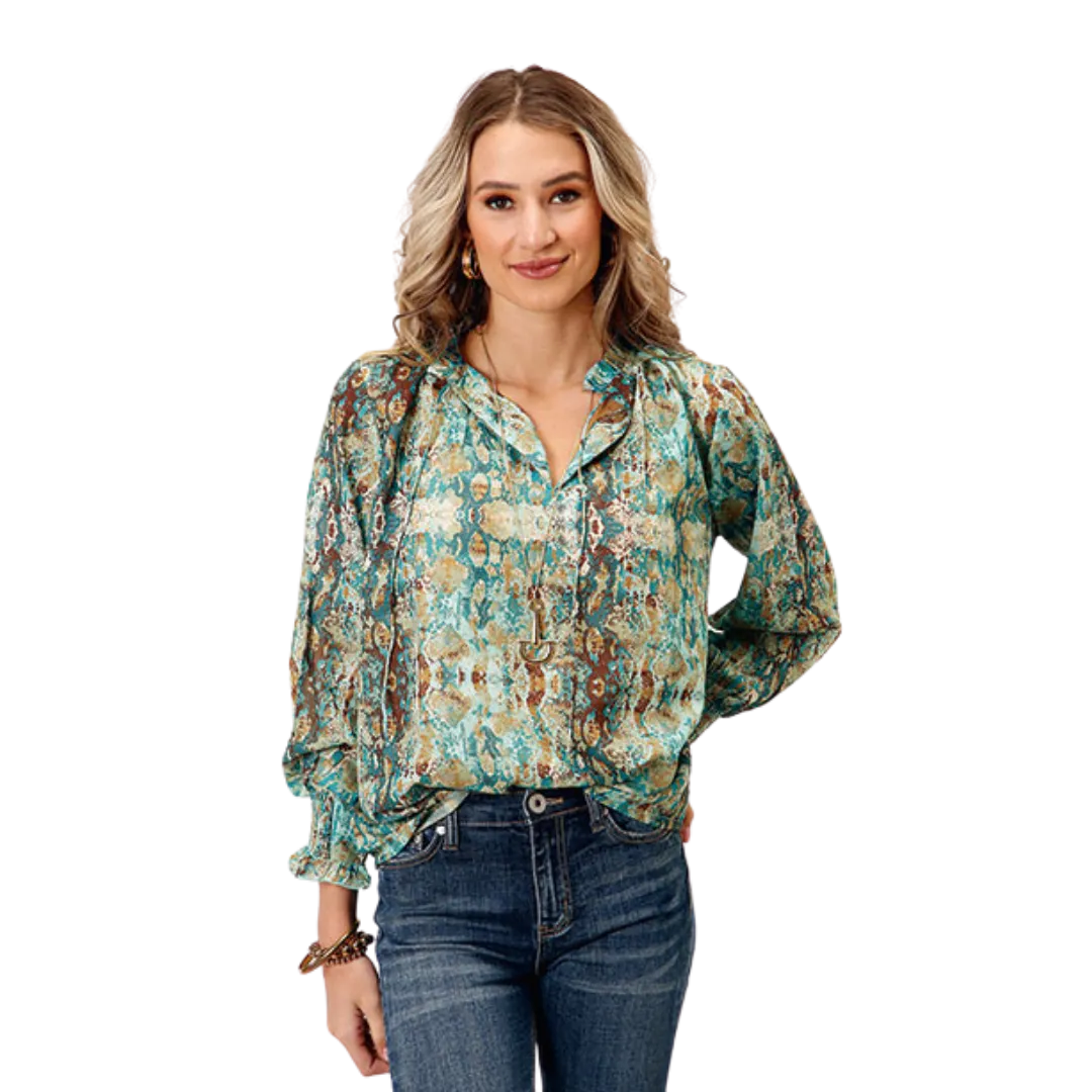 Roper Women's Poly Teal Snake Print Green Blouse