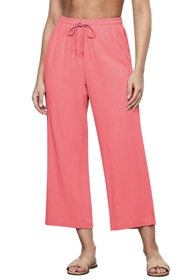 Salmon Pink Women's Brief High Waist Trousers Elastic Waist Wide Leg Pants