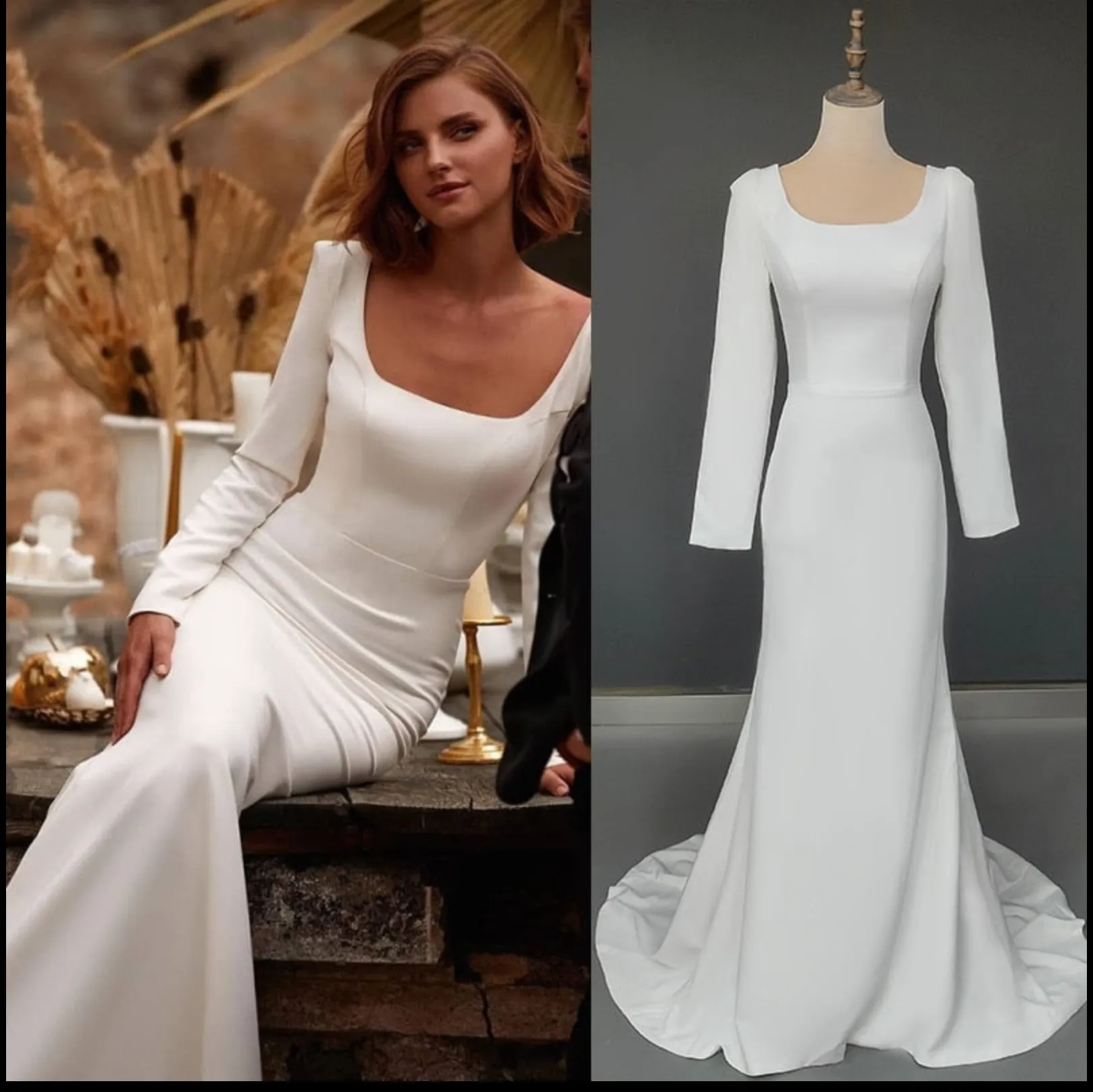 Satin Mermaid Long Sleeves Chapel Train Wedding Bridal Gown