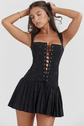 Sexy Lace Up Front Tie Sleeveless Corset Pleated Floral Party Mini Dress - Black