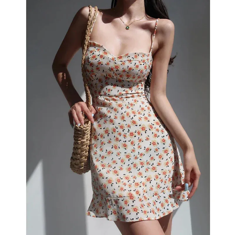 Sexy Women Lace-up Chic Summer Backless Slim 2024 Casual Suspenders Floral Printed Dress Dress