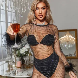 Sheer Fishnet Crystal Embellished Feather Long Sleeve Club Mini Dress - Black