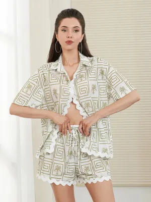 Short Sleeve Geometric Print Button Up Loose Shorts Loungewear Casual Pajamas